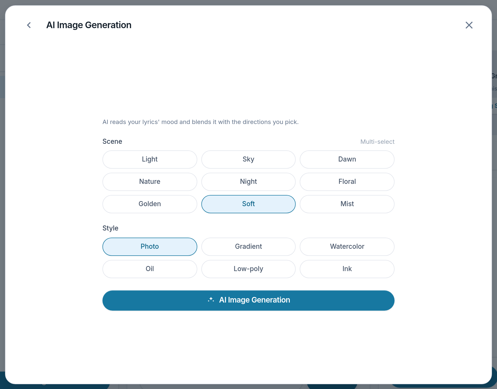 Screenshot of the Lyslide screen for “Generate a background with AI”