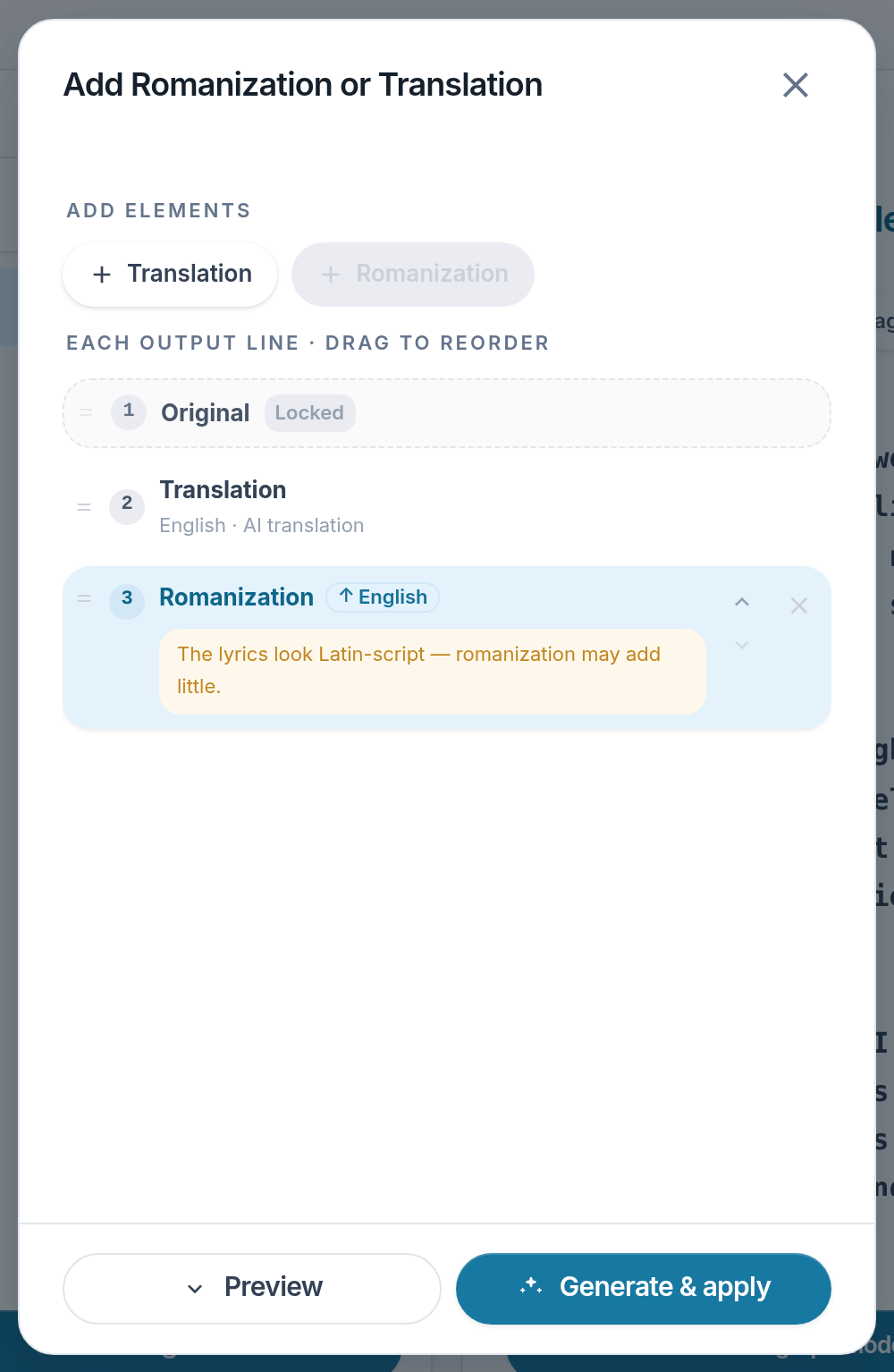Screenshot of the Lyslide screen for “Stacking order and translation size”