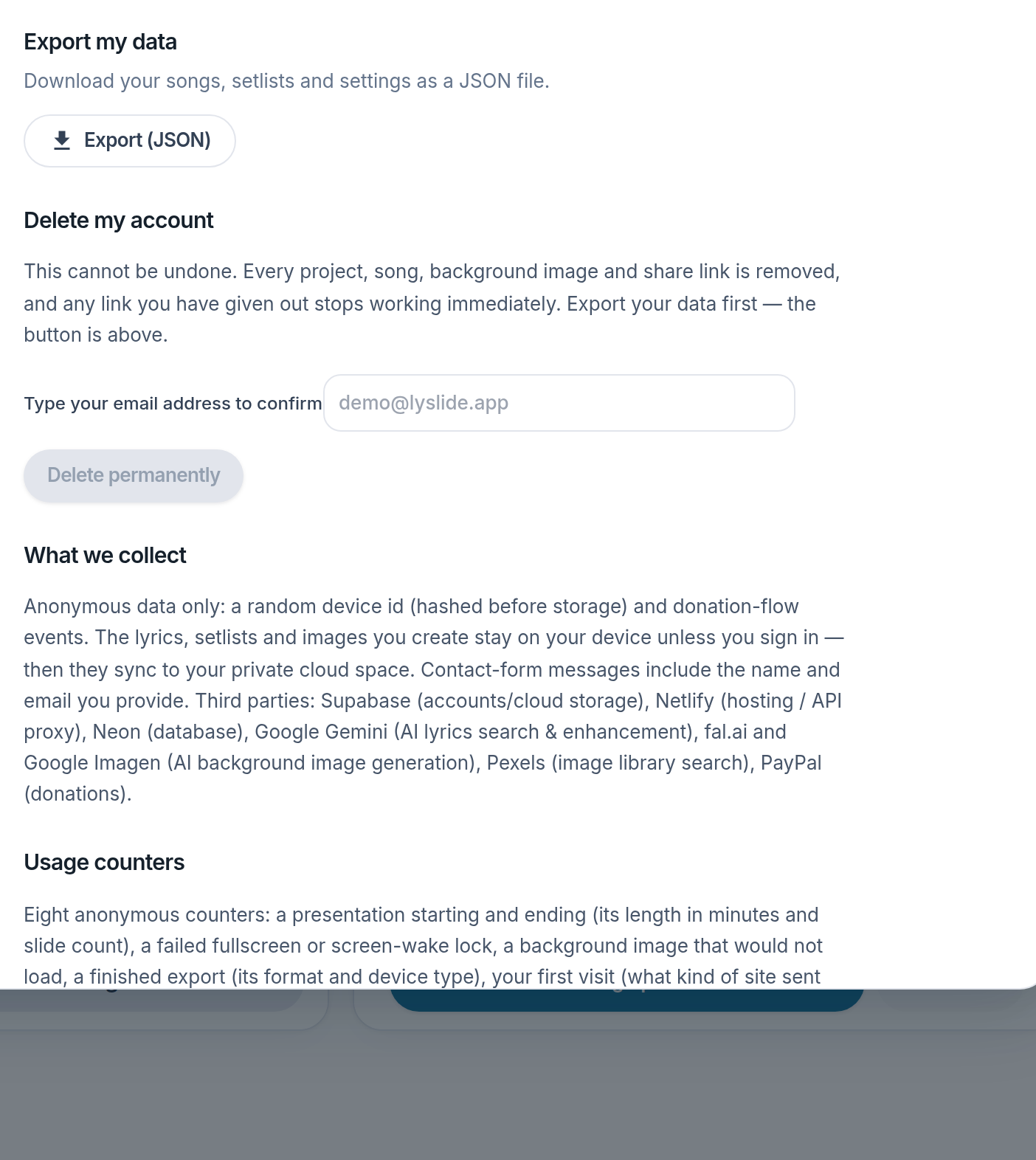 Screenshot of the Lyslide screen for “Your data is yours”
