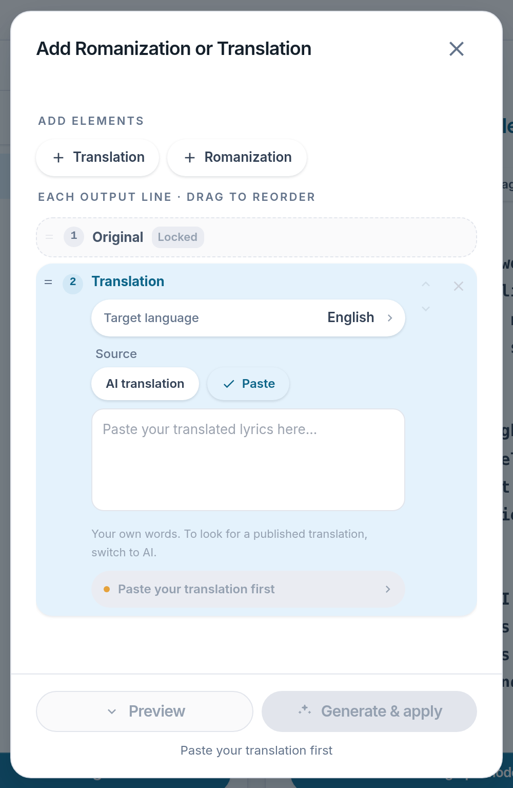 Screenshot of the Lyslide screen for “Bring your own translation”