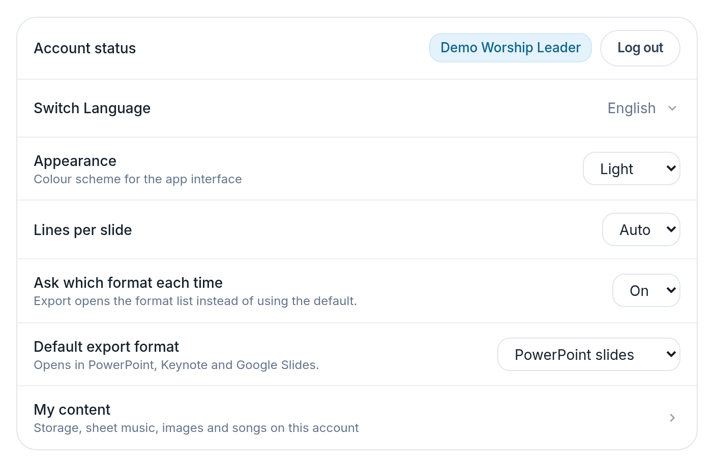 Screenshot of the Lyslide screen for “Language, dark mode, install”