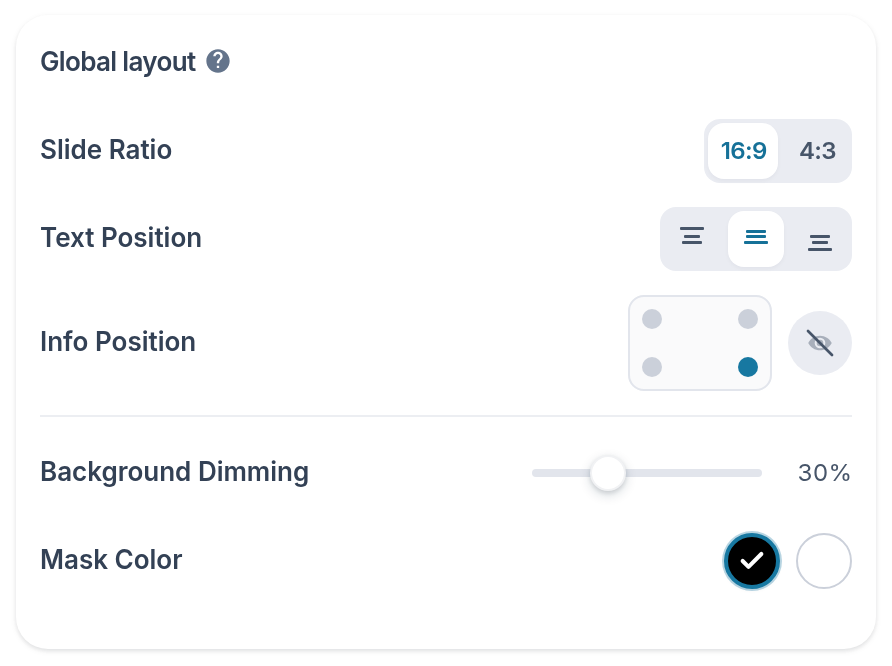 Screenshot of the Lyslide screen for “Layout: shape, position, dimming”