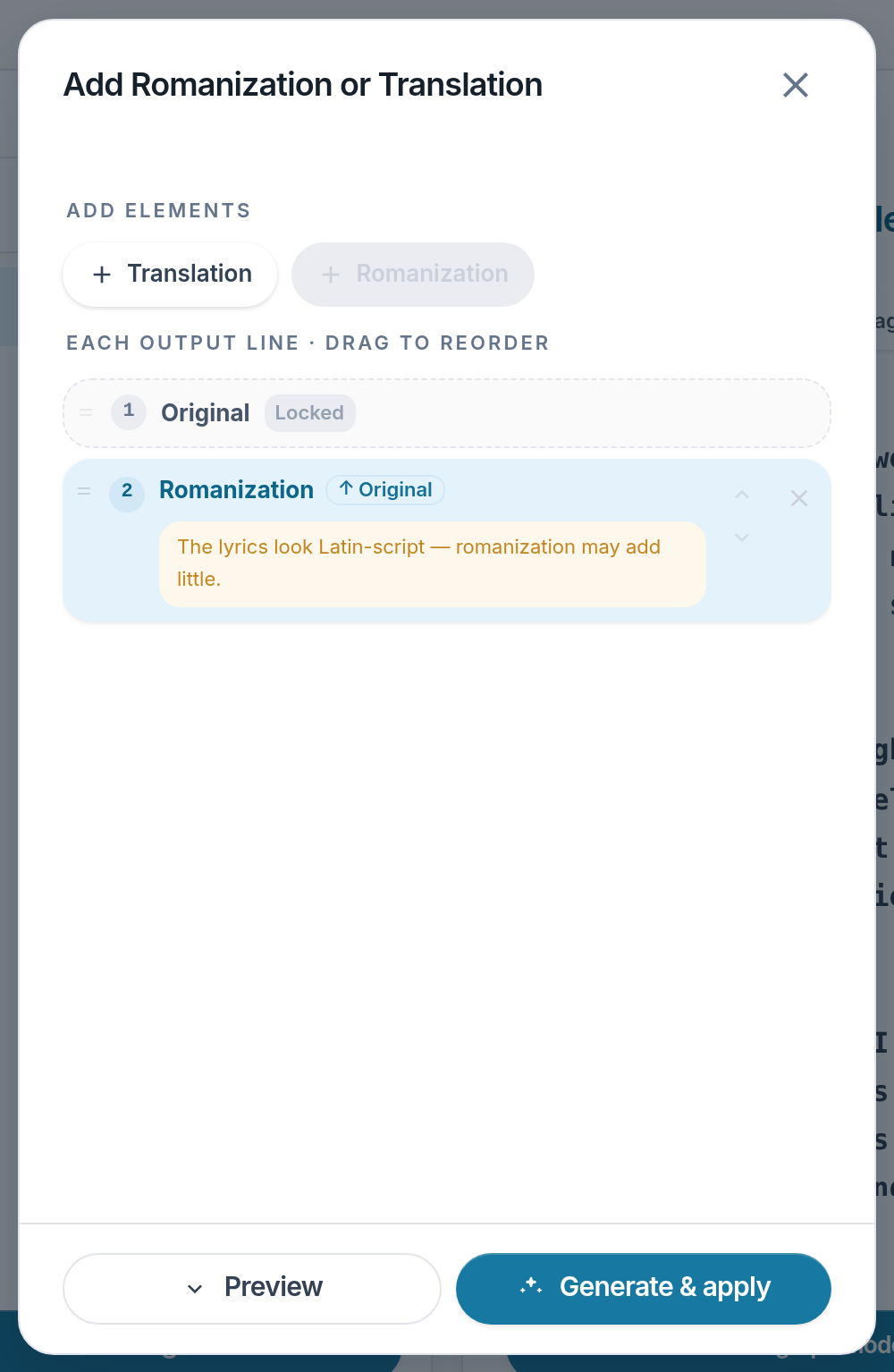 Screenshot of the Lyslide screen for “Add romanization”
