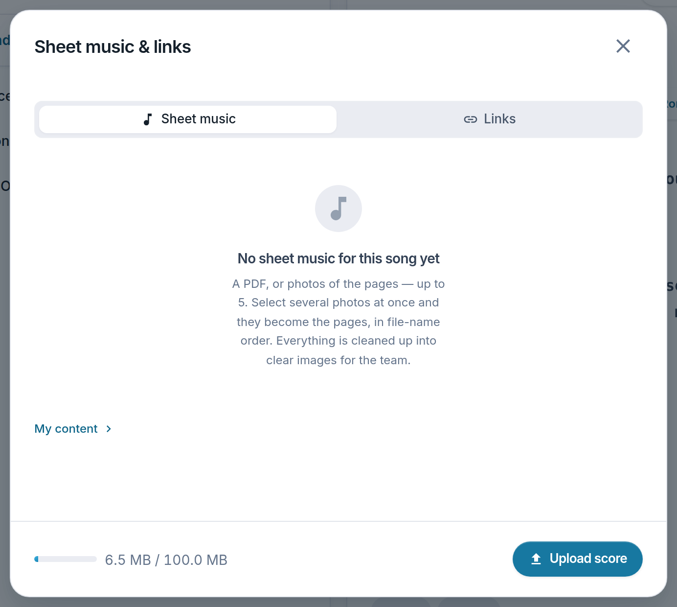 Screenshot of the Lyslide screen for “Sheet music: uploading and scanning”