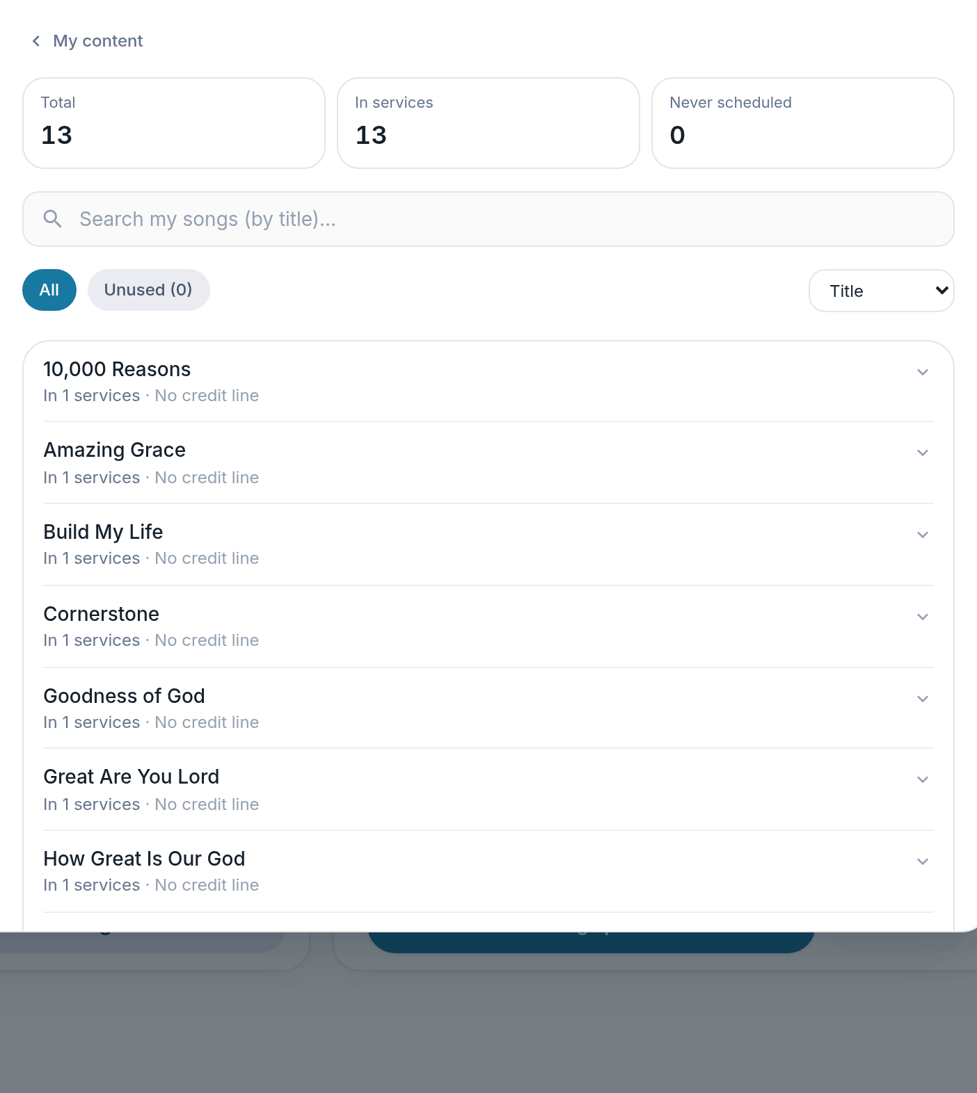 Screenshot of the Lyslide screen for “Your song library”