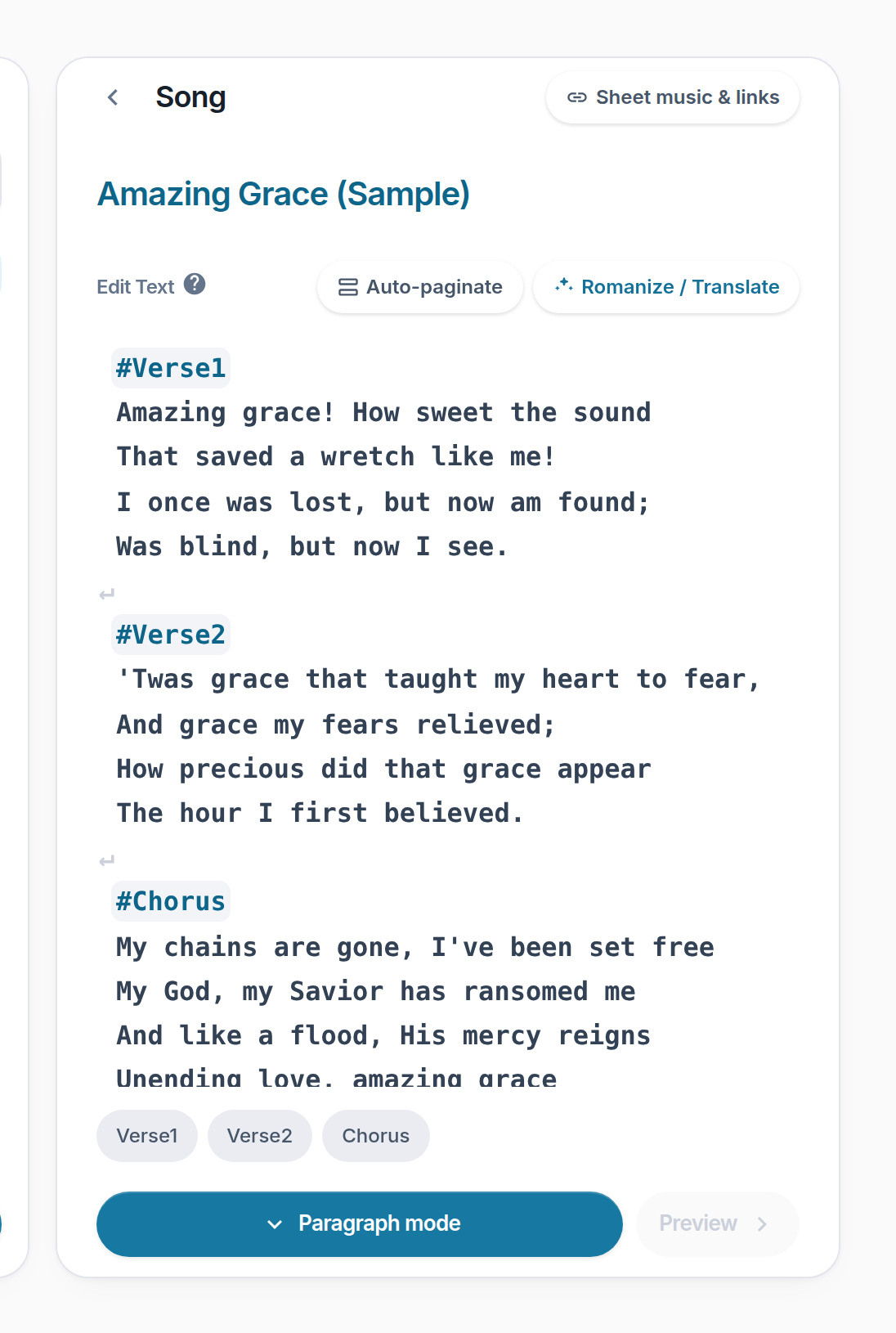 Screenshot of the Lyslide screen for “Text mode: # and blank lines”