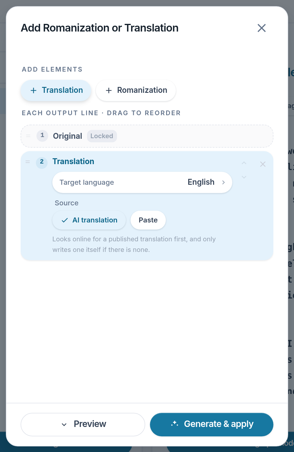 Screenshot of the Lyslide screen for “Add a translation”
